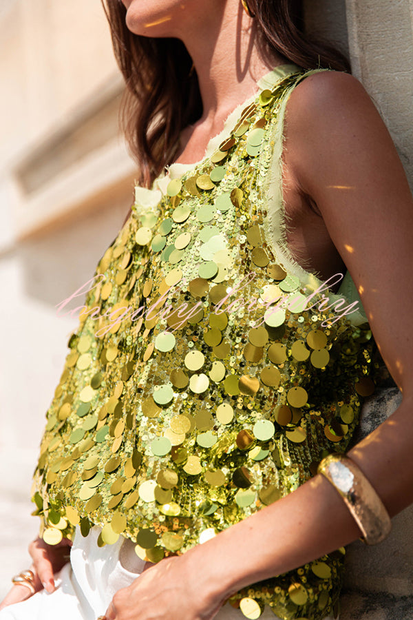 Fashionable Sequined Round Neck Sleeveless Loose Vest