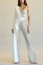 Fashionable Sequined Patchwork One-sided Long-sleeved Asymmetrical Jumpsuit