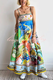Linen Blend Unique Print Suspenders Back Pleated Pocket Resort Style Maxi Dress