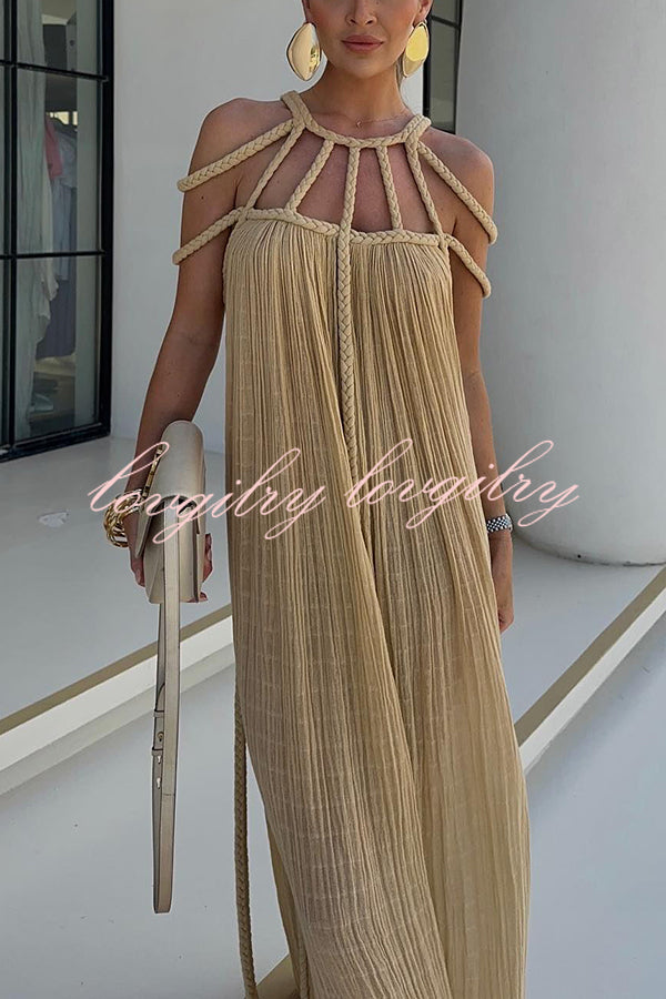 Modern and Sophisticated Linen Blend Draped Braids Cover Up Maxi Dress