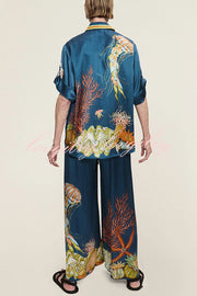 Linen Blend Unique Print Lapel Short Sleeve Shirt and Elastic Waist Loose Pocket Wide Leg Pants Set