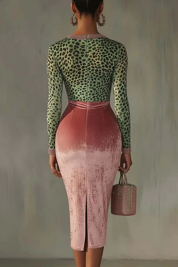 Fashionable Velvet Patchwork Stretch Slim Midi Dress