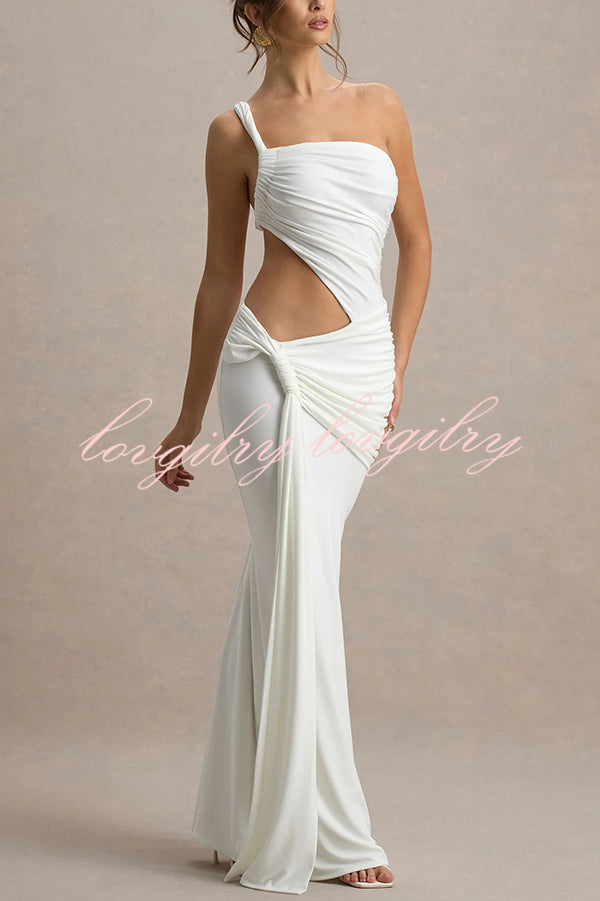 Sexy One-shoulder Backless Ribbon Pleated Slim Maxi Dress