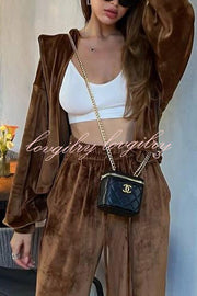 Velvet Casual Zip-up Hooded Top and Elastic Waist Wide Leg Pants Set