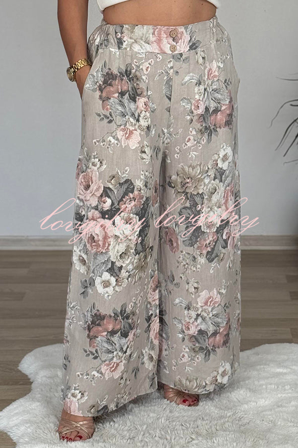 Linen Blend Crew Neck Long Sleeve Irregular Loose Top and Elastic Waist Floral Print Casual Pocket Set
