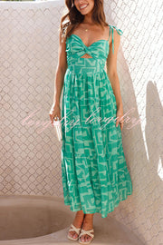 Unique Printed Suspender Tie Back Pleated Midi Dress