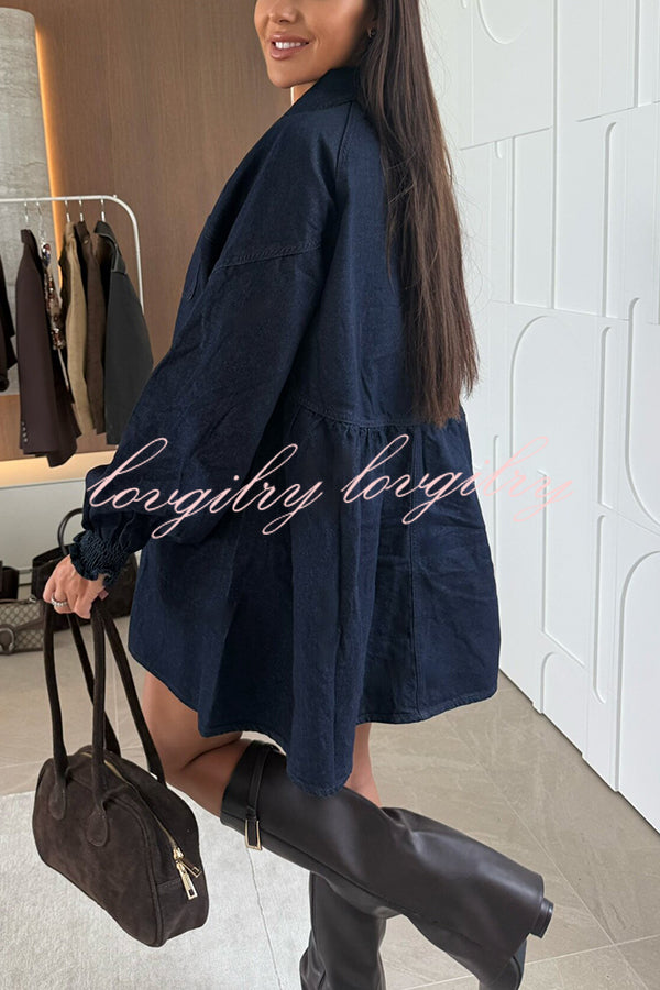 Fashion Heart Button Long Sleeve Casual Pocket Denim Mini Dress