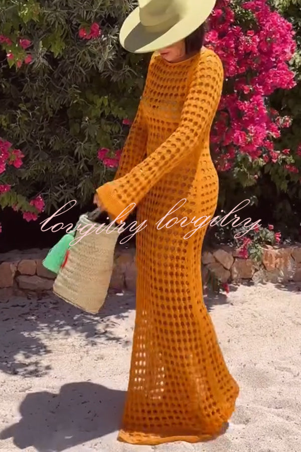 Sunny Beachside Crochet Knit Hollow Out Long Sleeve Cover-up Maxi Dress