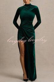 Wishes Velvet High Neck Long Sleeve Ruched Waist Wrap Slit Stretch Maxi Dress
