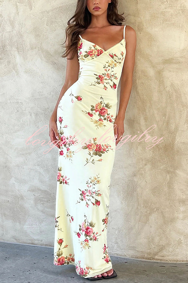 Reveling in The Unknown Floral Print Slip Stretch Maxi Dress