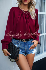 Elegant Round Neck Pleated Long Sleeve Solid Color Top