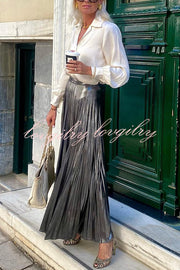 Fashionable Metallic Pleated Back Elastic Waist Maxi Skirt