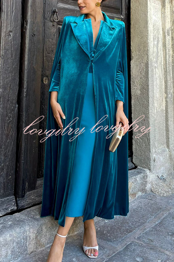 Olivienne Luxurious Velvet Padded Shoulders Slit Sleeve Lapel Midi Cape