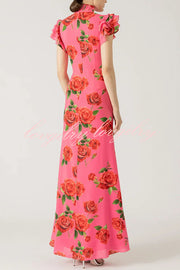 Cheongsam Style Rose Floral Print Tiered Flare Sleeve Stretch Maxi Dress