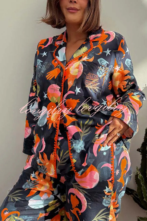 Evening Routine Unique Print Color-block Trim Loose Shirt and Elastic Waist Pocketed Pajama Set