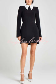 Alisha Contrast Floral Appliqué Pointed Collar Long Sleeve Pocketed Mini Dress