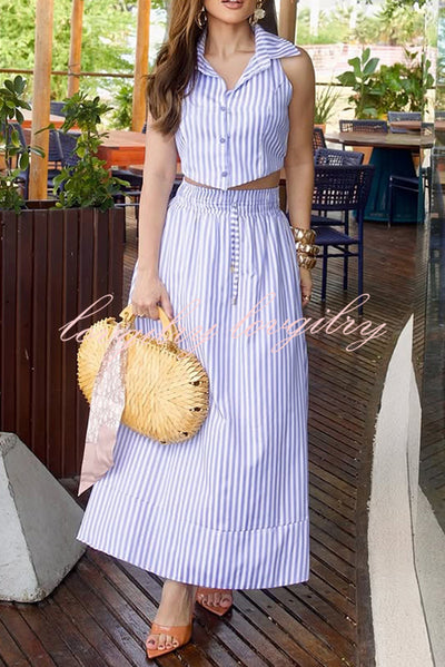 Stripe Print Lapel Sleeveless Button Top and Elastic Waist Casual Maxi Skirt Set