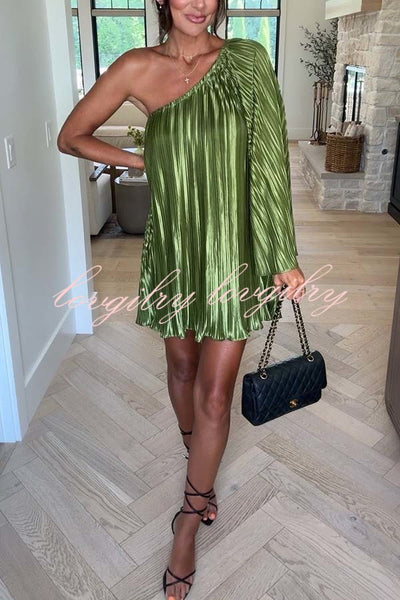 Party Whisper Satin Pleated One Shoulder Bell Sleeve Loose Mini Dress