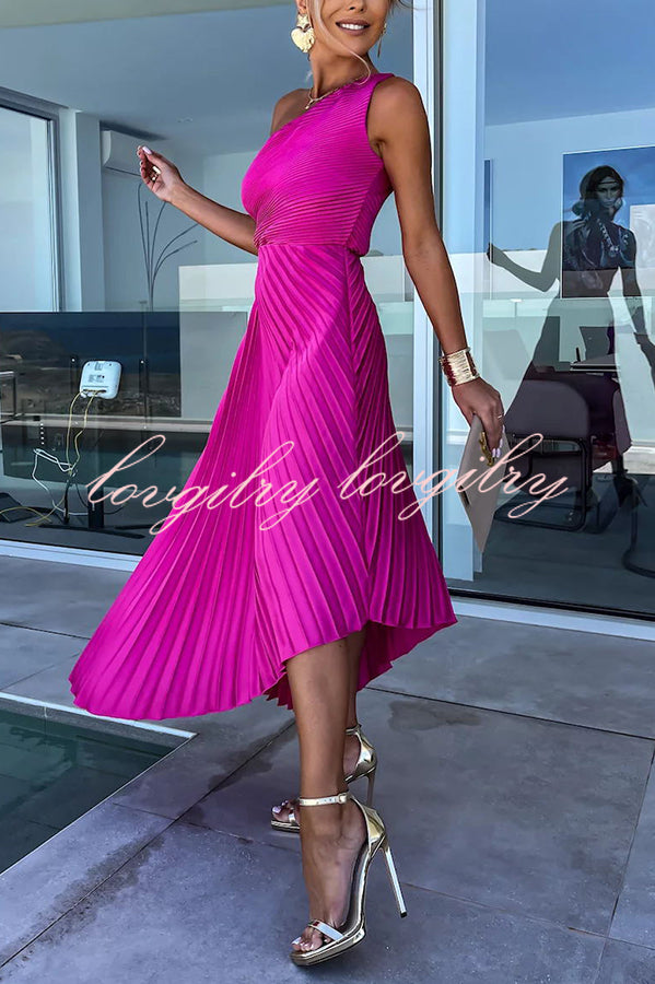 Glam Vibes Satin One Shoulder Side Cutout Pleated Maxi Dress