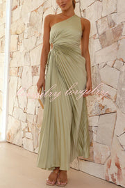 Charming One Shoulder Lace Up Cutout Pleated Maxi Dress