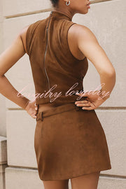 Autumn Atmosphere Faux Suede High Neck Zipper Tank and Button-Front Pocket Mini Skirt