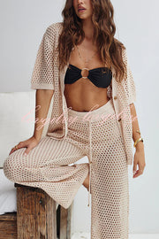 Fashion Hollow Loose Short-sleeved Top and Elastic Waist Casual Wide-leg Pants Set
