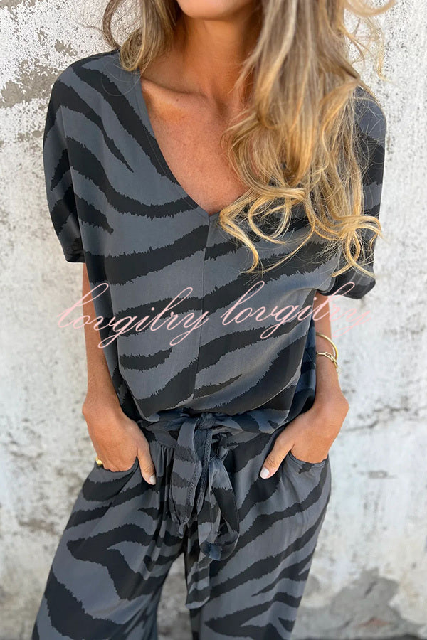 Zebra Print V-neck Short-sleeved Lace-up Top and Elastic Waist Pocket Straight-leg Pants Set