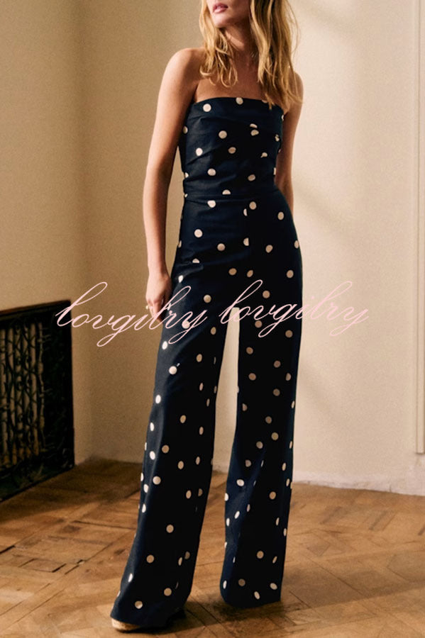Stella Linen Blend Polka Dot Draped Bust Back Smocked Strapless Loose Jumpsuit