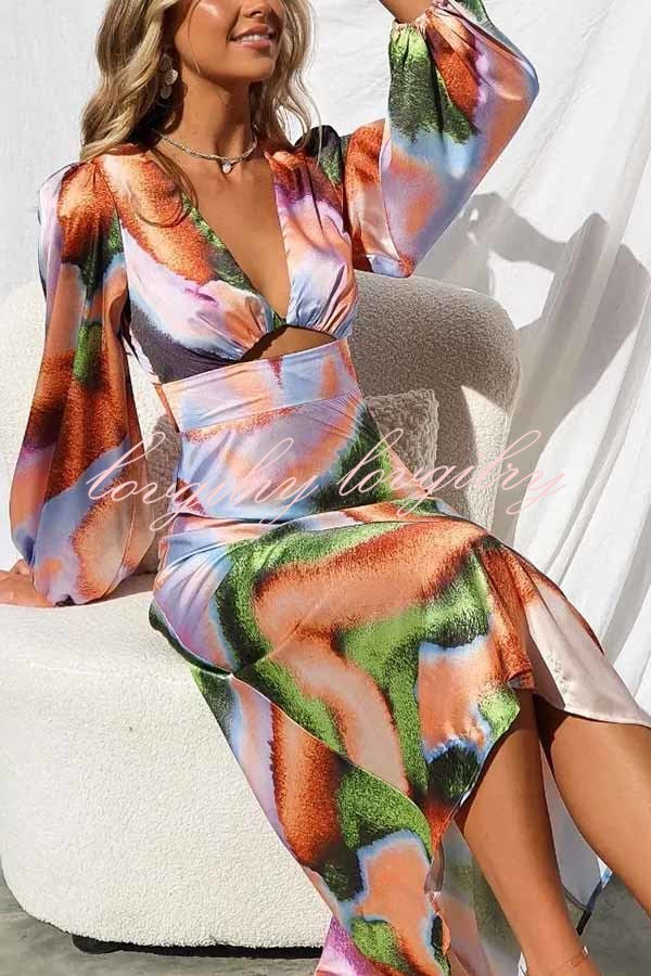 Own The Evening Satin Neon Print Cutout Midi Dress