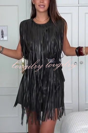 Modern Times Faux Leather Layered Tassel Design Sleeveless H-line Mini Dress