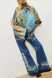 Satin Floral Print Loose Shirt and Elastic Waist Pocket Casual Wide-leg Pants