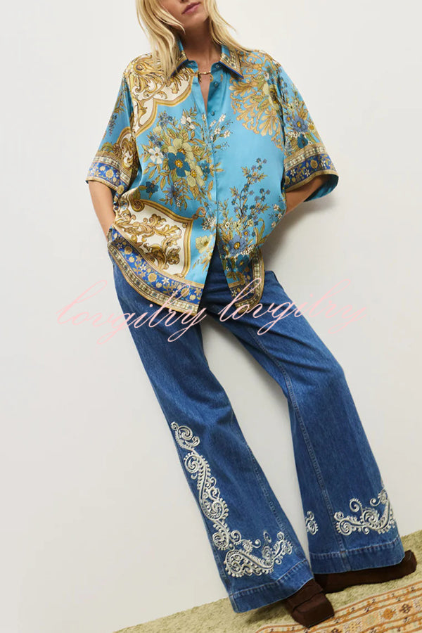 Satin Floral Print Loose Shirt and Elastic Waist Pocket Casual Wide-leg Pants