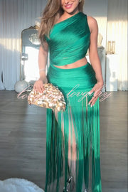 Dancing Miracle One Shoulder High Waist Hollow Design Tassel Hem Drape Mini Dress