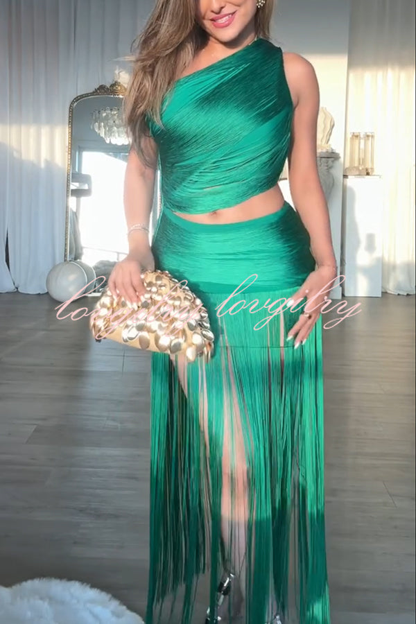 Dancing Miracle One Shoulder High Waist Hollow Design Tassel Hem Drape Mini Dress