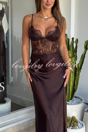 Elegant Evening Satin Lace Patchwork See-through Waist Slip Maxi Dress