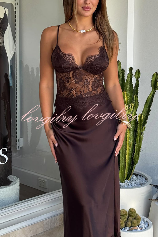 Elegant Evening Satin Lace Patchwork See-through Waist Slip Maxi Dress