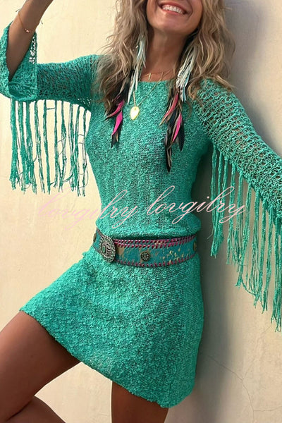 Wandering Angel Boucle Material Tassel Sleeve Stretch Vacation Mini Dress