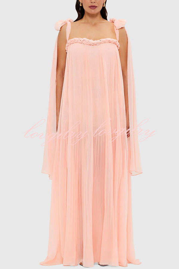 Fairy Spirit Tulle Braided Neckline Tie Arm Straps Pleated Maxi Dress