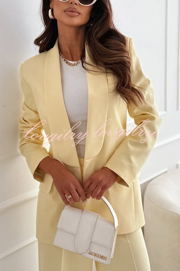 Solid Color Lapel Long Sleeve Casual Blazer and Pocket Wide Leg Pants Set