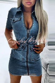 Tie Waist Zipped Pocket Denim Mini Dress