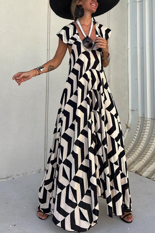 Fresh Breeze Ethnic Unique Print Ruffle Sleeve A-line Maxi Dress