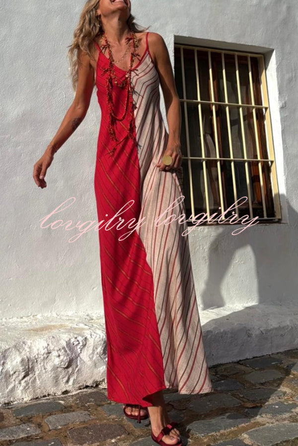 Fashionable Splicing V-neck Suspenders Loose Maxi Dress