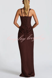 Larrah Square Neck Back Lace-up Satin Drape Hem Maxi Dress