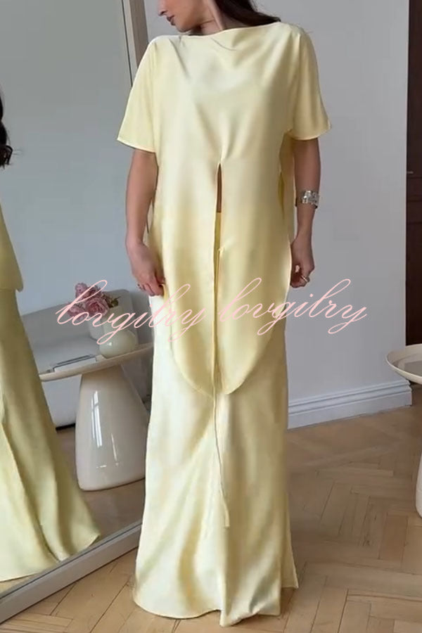 Secret of Elegance Satin Slit Back Lace-up Top and Elastic Waist Flare Maxi Skirt Set