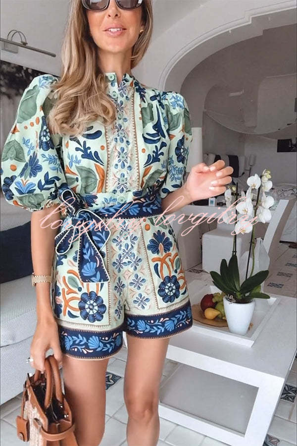 Elouise Linen Blend Unique Print Button Puff Sleeves Tie-up Pocketed Romper