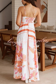 Botanical Print Halter Square Neck Pleated Loose Maxi Dress