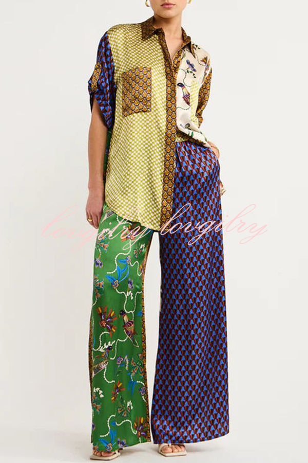 Nia Satin Unique Print Patchwork Elastic Waist Pocketed Wide Leg Pants