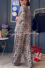 Wild Lifestyle Leopard Print Lapel Blazer and Elastic Waist Pocketed Wide Leg Pants Set