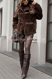 Chill Whispers Belt Buckle Design Long Sleeve Pocket Lapel Plush Coat