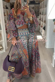 Unique Boho Ethnic Print Balloon Sleeve Crop Top and Elastic Waist Wide-leg Pants Set